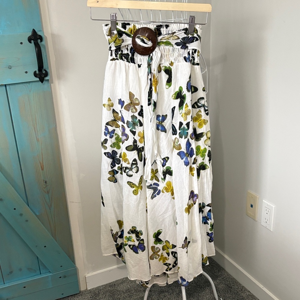 White Butterfly-Print Maxi Skirt with Smocked Waist